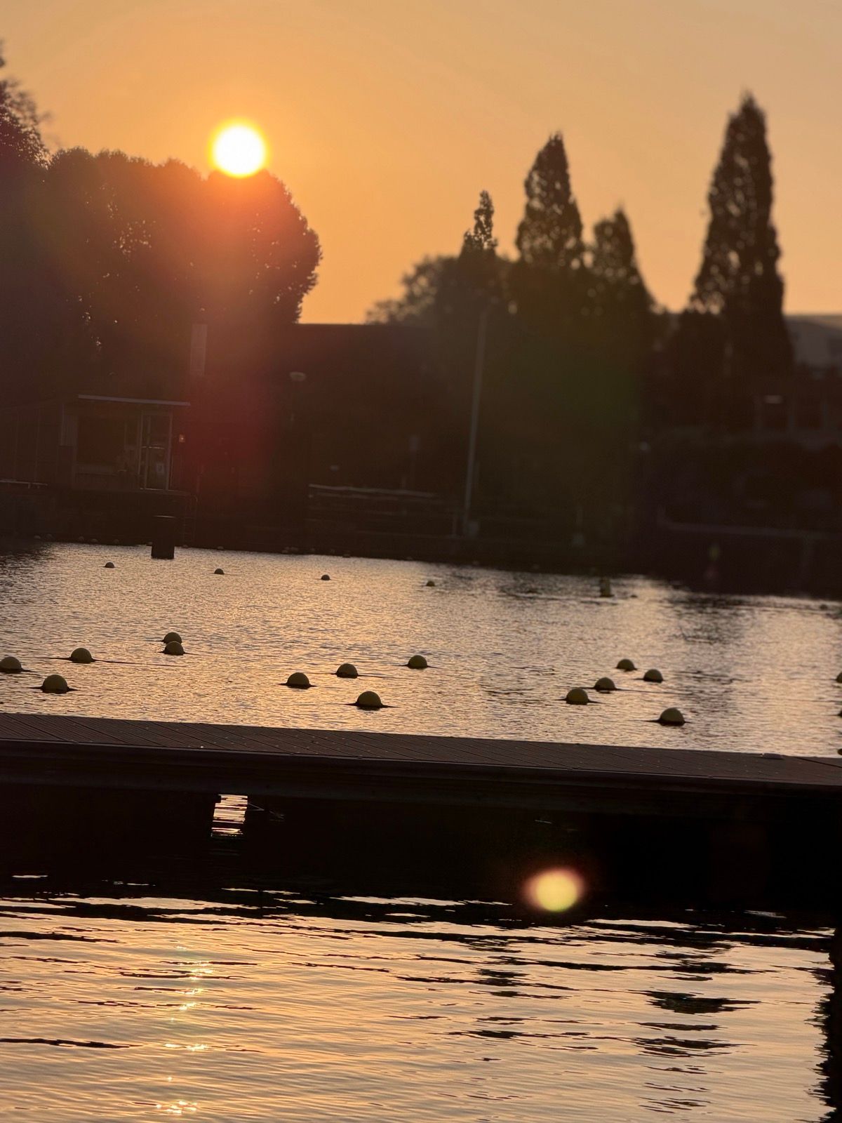 The image captures a beautiful sunset over a body of water, with the bright orange sun low in the sky casting a golden glow